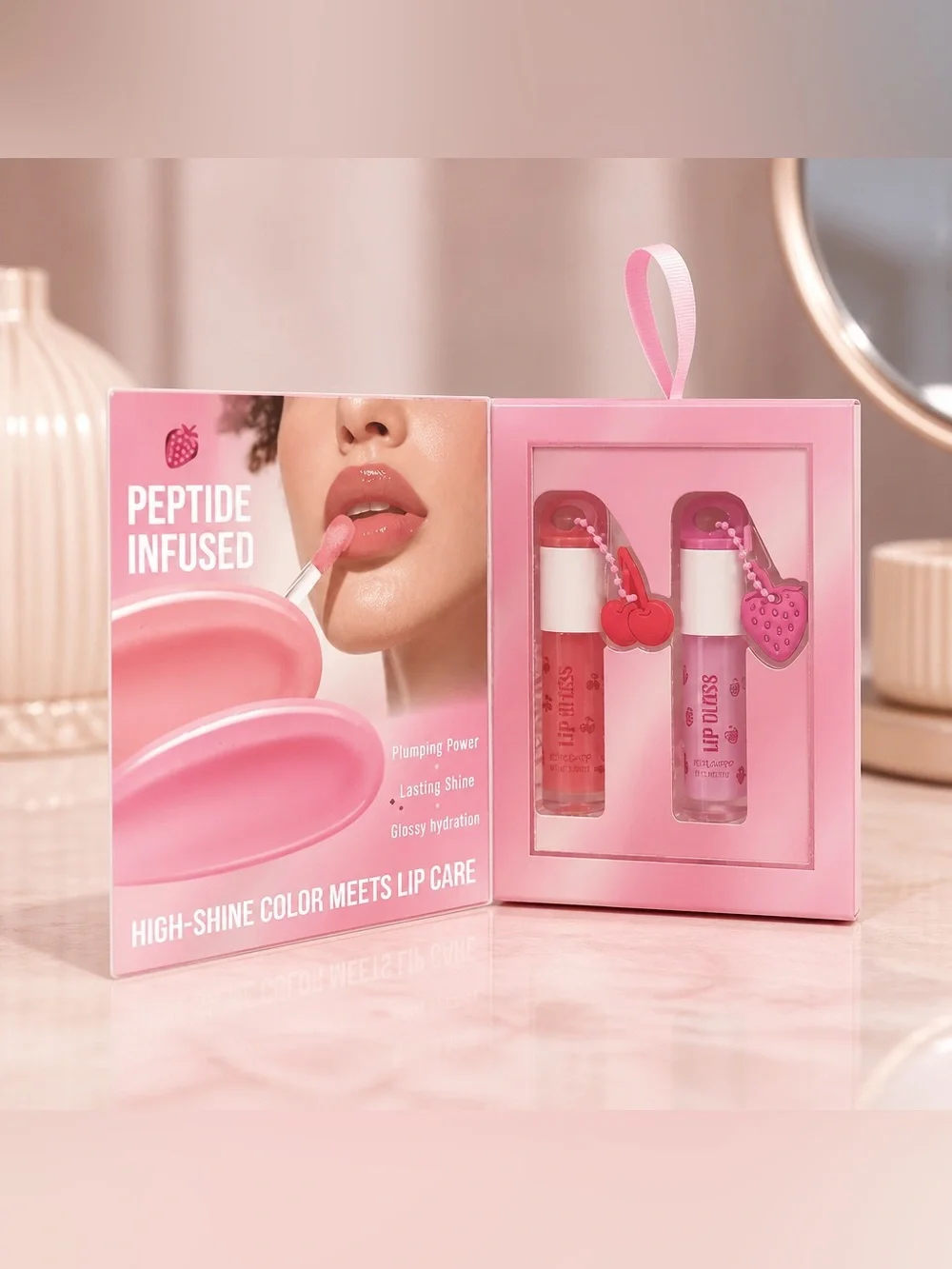 Cherry & Strawberry Lip Gloss Duo Keychain Set Pink Glossy Finish